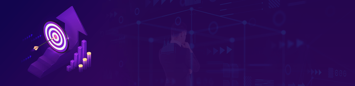 Purple illustration of an arrow hitting a dartboard bullseye beside rising bars with coins and a thinking businessman