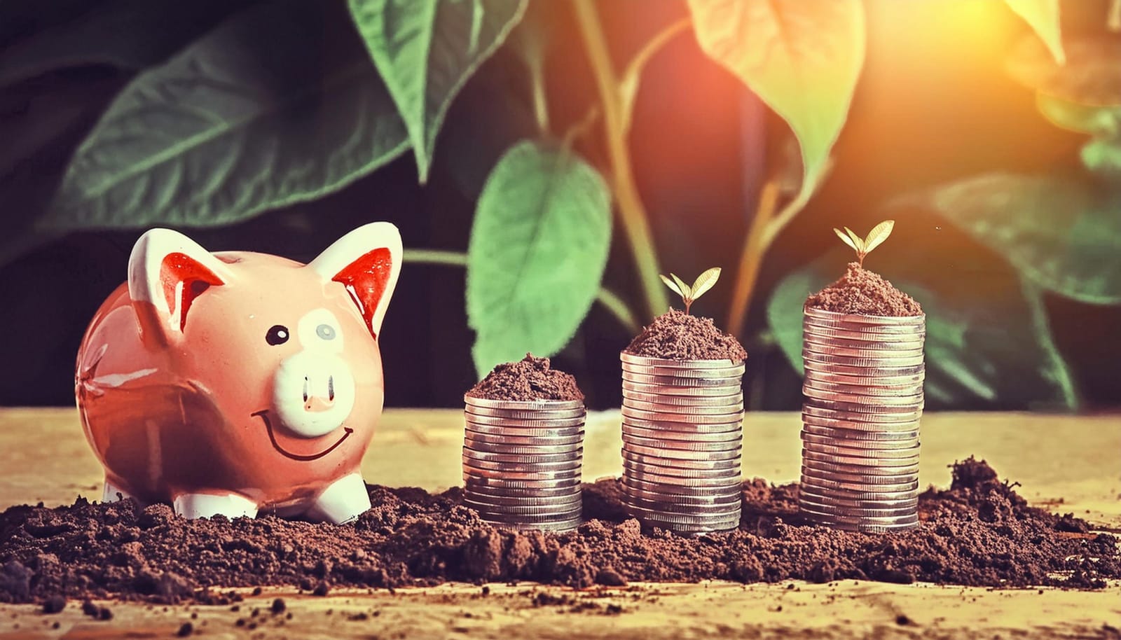 A pink piggy bank beside three rising stacks of coins topped with soil and sprouting seedlings, with plants behind