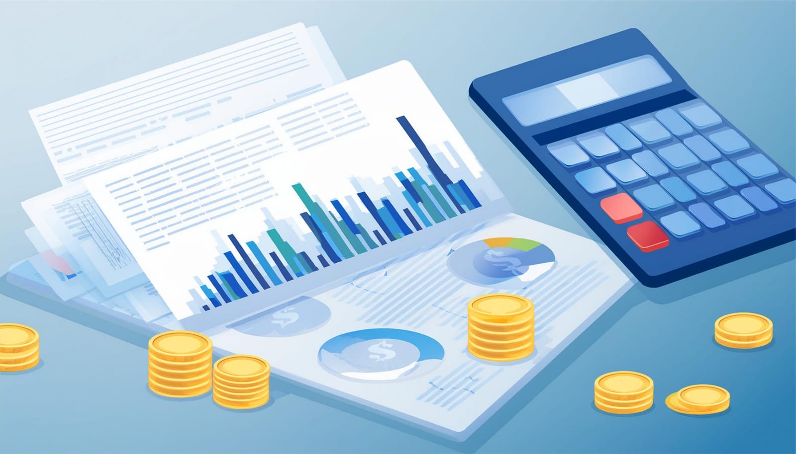 Isometric illustration of financial reports with charts, a calculator and stacks of gold coins