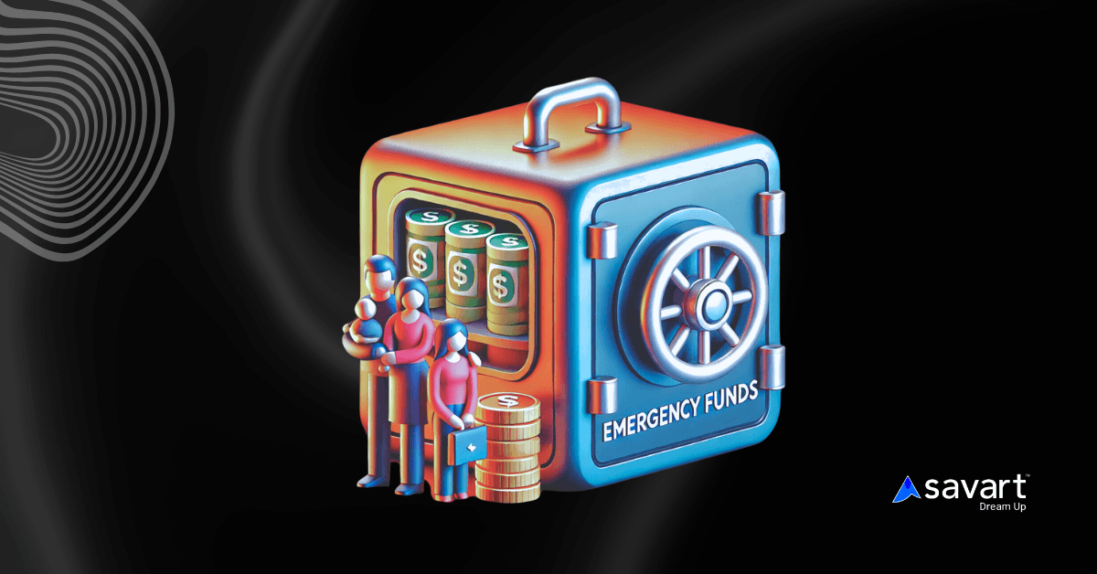 3D illustration of a family beside a vault labeled Emergency Funds filled with cash bundles and gold coins