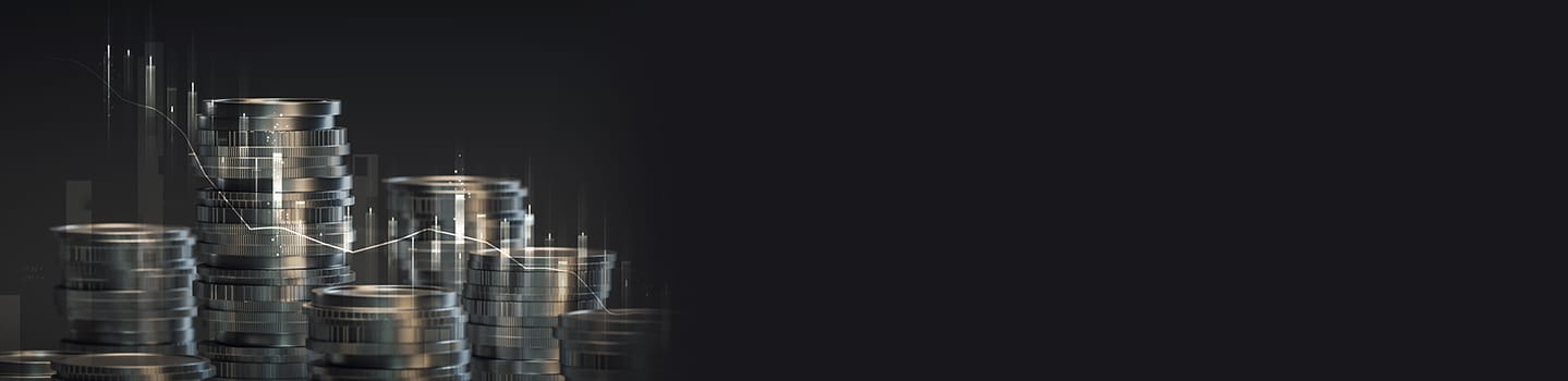 Stacks of silver coins with a faint white stock chart line on a dark background