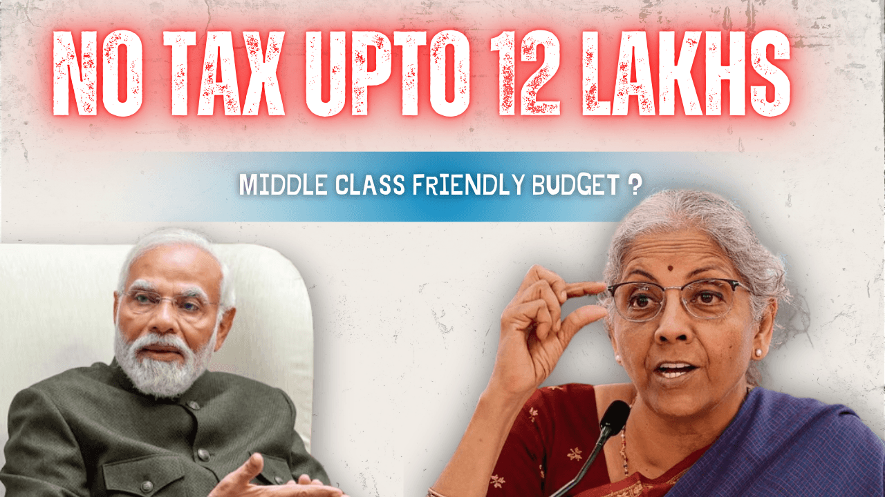 Budget thumbnail reading 'No tax upto 12 lakhs' with photos of PM Modi and Finance Minister Nirmala Sitharaman