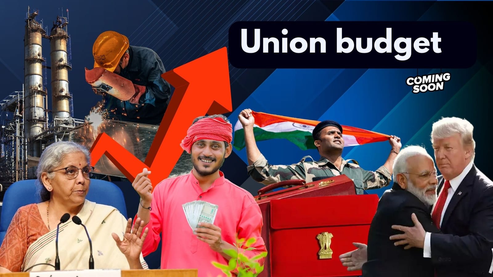 Union budget thumbnail with the Finance Minister, a refinery, welder, farmer holding cash and a red budget briefcase