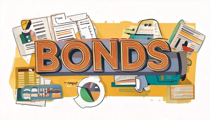 Stylised illustration of the word BONDS in bold orange letters surrounded by financial documents and charts