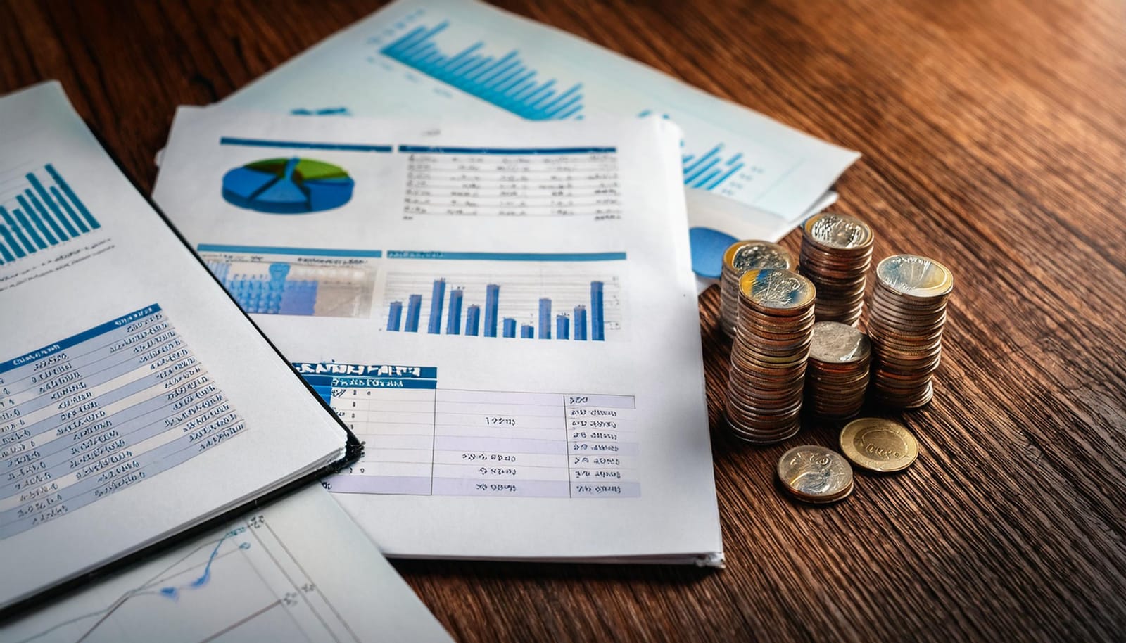 Printed financial reports with bar and pie charts beside stacks of coins on a wooden desk.
