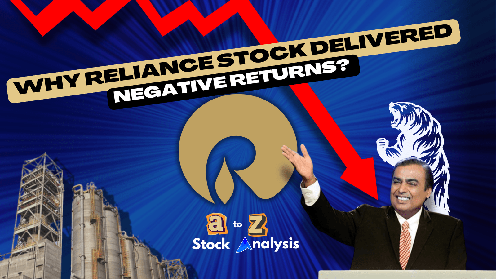 Thumbnail showing Mukesh Ambani beside the Reliance logo, a bear and a red falling arrow over an oil refinery.