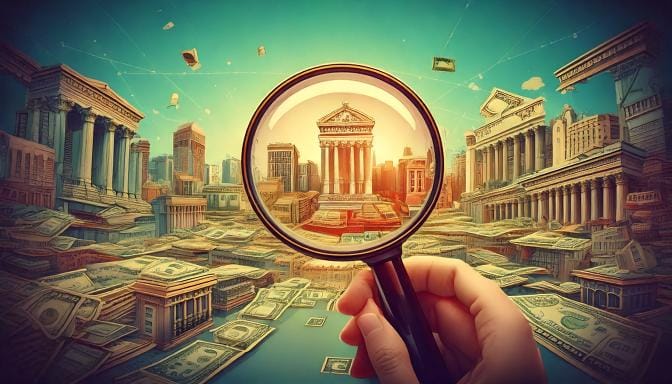 Illustration of a hand holding a magnifying glass over classical buildings and scattered banknotes.