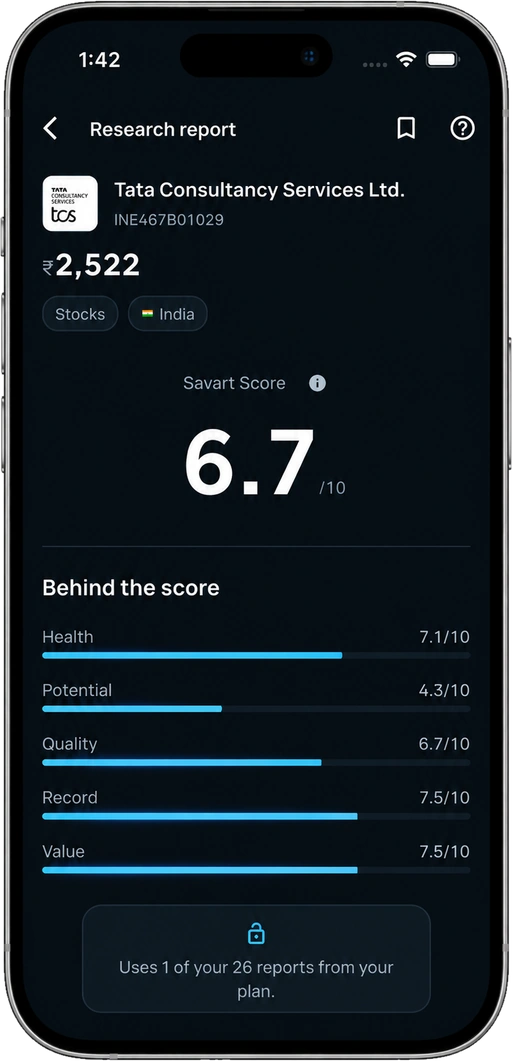 Illustrative Savart research screen with a stock report and Savart Score.
